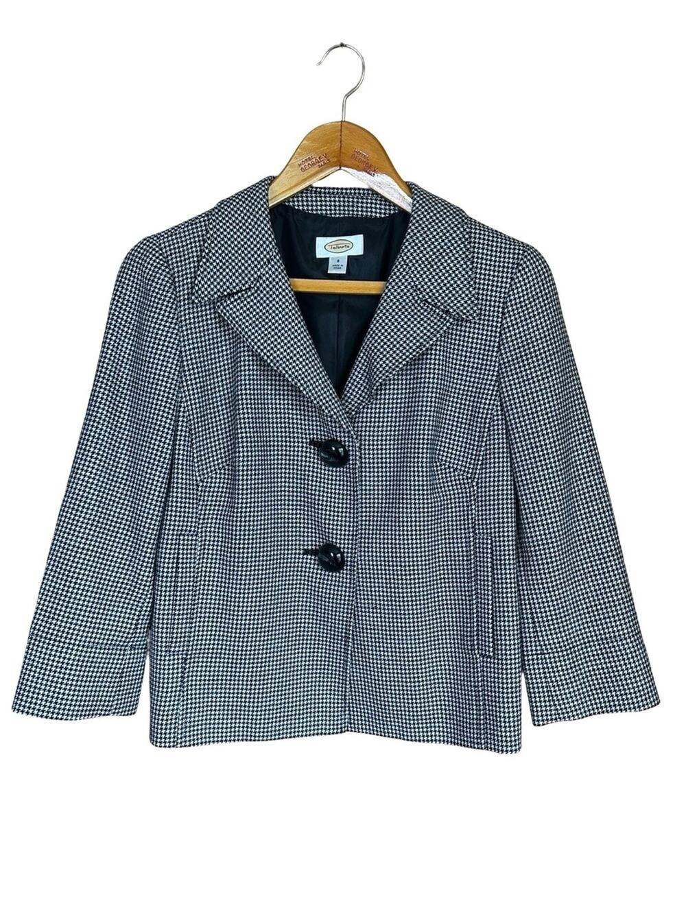 Vtg Talbots Wool Houndstooth Crop Jacket 3/4 Sleeve Blazer Sz 8